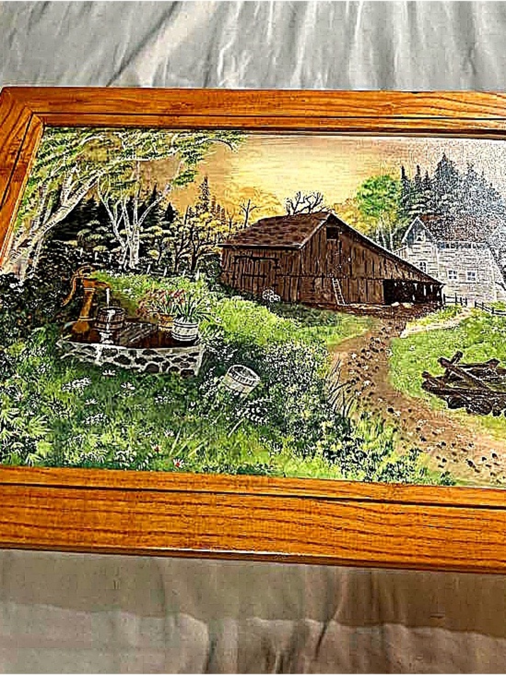 Original/Vintage Folk Art Farm Painting - Acrylic/Canvas
in Solid Oak Frame 🌾 - Picture 4 of 13